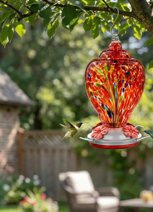 WOSIBO Hummingbird Feeder for Outdoors Patio Large 32 Ounces Colorful Hand Blown Glass Hummingbird Feeder with Ant Moat Hanging Hook, Rope, Brush and Service Card (RED-Firework)