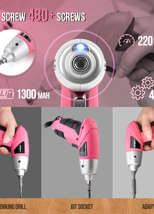 Hi-Spec Small Electric Screwdriver, Mini Drill Set, Rechargeable 3.6V Cordless Screwdriver with 26 Driver Bits, Power Tool for Small Projects & Home Use, Pink