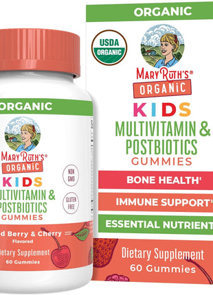 MaryRuth Organics Kids Vitamins | USDA Organic | Multivitamin Gummies + Postbiotics for Ages 4+ | Lactobacillus Rhamnosus | Vegan | Non GMO | 60 Count