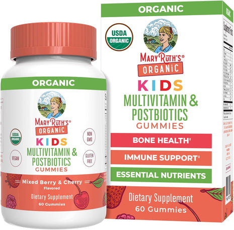 MaryRuth Organics Kids Vitamins | USDA Organic | Multivitamin Gummies + Postbiotics for Ages 4+ | Lactobacillus Rhamnosus | Vegan | Non GMO | 60 Count