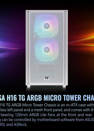 Thermaltake Versa H16 TG ARGB Snow Micro ATX Tower Case; Tempered Glass Side Panel; 3 Pre-Installed ARGB Fans; CA-1Y8-00S6WN-01; 3 Year Warranty