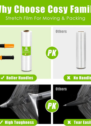 Cosy Family Plastic Wrap Stretch Film Roll - 1000ft 60 Gauge Industrial Strength 15 inch Wide Clear Plastic Wrap Roll with Handles for Pallet Wrapping Shipping Moving - Clear, Pack of 1