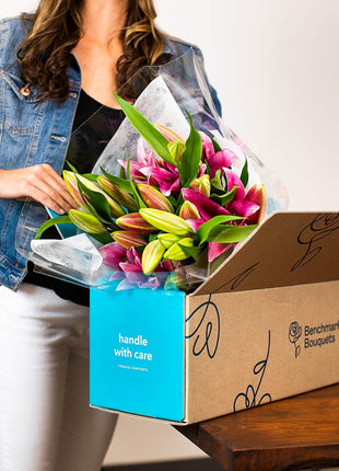 Benchmark Bouquets - 8 Stem Pink Oriental Lilies (Glass Vase Included) - Fresh Flowers for Next Day Delivery - Gift for Christmas, Birthday, Anniversary, Sympathy, Get Well, Congratulations