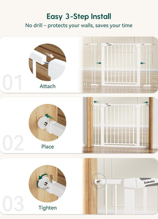 Babelio Pressure Mounted Baby Gate for Stairs, 26-40 in PressGuard Dog Gate | Triple-Lock, Pressure/Wall Mount No Drilling, Heavy Duty, Auto Close, Easy Install for Doorways/Kitchens/Hallway, White