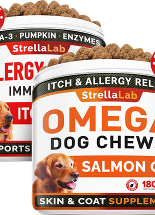 Allergy Relief + Omega 3 Dogs Bundle - Itchy Skin Treatment + Allergy & Itch Relief Skin & Coat Supplement - Omega3 & Pumpkin - Anti Itch Support - 300 ct - Peanut Butter + Salmon Flavor - Made in USA