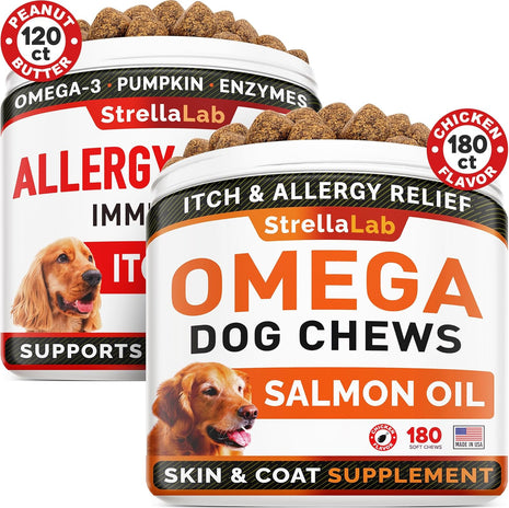 Allergy Relief + Omega 3 Dogs Bundle - Itchy Skin Treatment + Allergy & Itch Relief Skin & Coat Supplement - Omega3 & Pumpkin - Anti Itch Support - 300 ct - Peanut Butter + Salmon Flavor - Made in USA