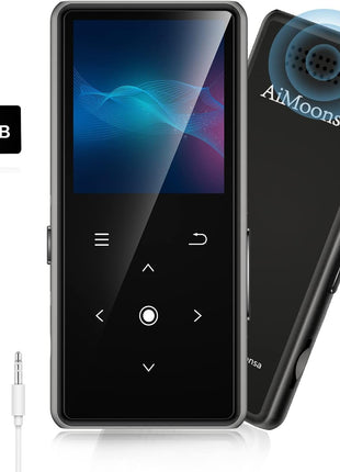 64GB MP3 Player with Bluetooth 5.2, AiMoonsa Music Player with Built-in HD Speaker, FM Radio, Voice Recorder, HiFi Sound, E-Book, Earphones Included