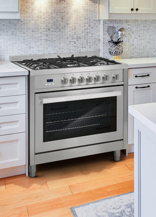 36 in. Nebula Coll 4.4 cu ft 5 Burner Gas Range Convection, Stainless Steel | Cosmo COS-965AGFC Oven Fan Circulation, Cast Iron Grates, Digital Display with Timer, Metal Knobs, Liquid Propane Convertible