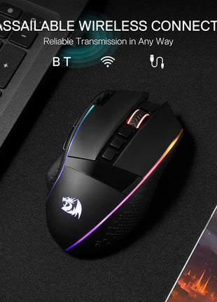 Redragon M991 Wireless Gaming Mouse, 26000 DPI 3-Mode Gamer Mice w/Rapid Fire Key, 9 Macro Buttons, Powerful Capacity and RGB Backlight for PC/Mac/Laptop, Black