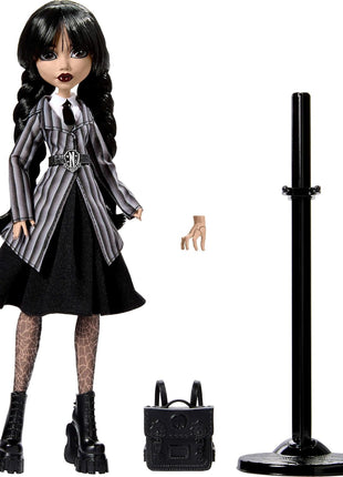 Monster High Wednesday Doll and Accessories, Wednesday Addams Collectible in Nevermore Academy Uniform with Thing and Backpack, Doll Stand
