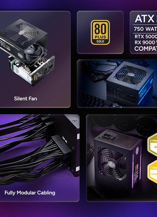 Cooler Master MWE Gold 750 V2 Power Supply, Fully Modular | Certification Cybenetics Gold & Noise Standard +, 80 PLUS Gold, 750W, Semi-Fanless Low Noise, Fully Modular