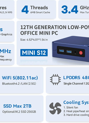 Beelink Mini PC,Mini S12 N95 Intel Alder Lake-N95 (up to 3.4GHz),12GB LPDDR5 512GB SATA3 SSD Mini Desktop Computer, Support 4K@60Hz Dual HDMI Display, 2.5G LAN/USB3.2/Low-Power Home/Office Micro PC