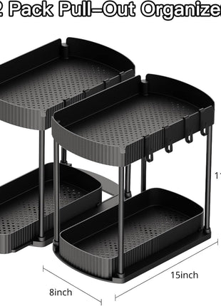 Ukeetap Multi-Purpose Pull-Out Storage Organizers, Under Sink/Cabinet Organizers and Storage for Bathroom & Kitchen, Black, 12.8 Inches, 2 Packs