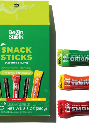 Bean Stalk Savory Vegan mini Snack Sticks - Assorted Flavors - Teriyaki | Smoked | Original