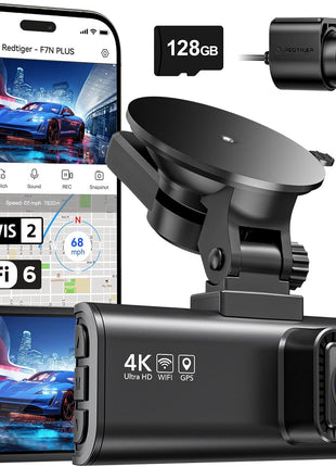 REDTIGER 4K Dash Cam Front Rear, STARVIS 2 Sensor, Free Card Included, 5.8GHz WiFi-20MB/s Fast Download, Dash Camera for Cars with GPS, WDR Night Vision, 170°Wide Angle, 24H Parking Mode(F7NP)