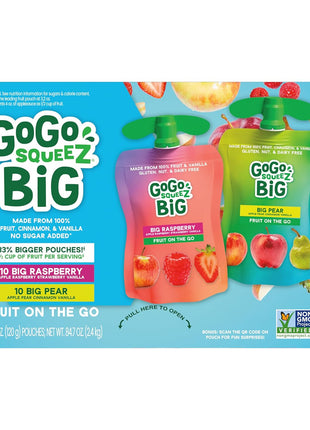 GoGo squeeZ BIG Applesauce & Fruit Puree with Vanilla and Cinnamon Variety Pack, Pear & Raspberry, 4.2 oz. (Pack of 20), Unsweetened Fruit Snacks for Kids, Gluten Free, Nut Free, Dairy Free Pouches