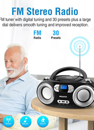 MEGATEK Portable CD Player Boombox with FM Radio, Bluetooth, USB Port, AUX Input, and Headphone Jack – CD-R/CD-RW/MP3-CD Compatible, Clear Stereo Sound, Backlit LCD Display – Black