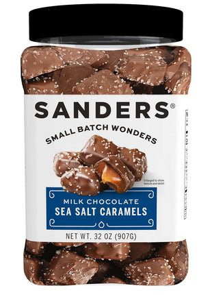 Sanders Milk Chocolate Sea Salt Caramels (32 oz Tub) – Handcrafted Small Batch Slow Cooked Caramel, Sea Salt Chocolate with Rich Indulgent Flavor, Sweet & Salty