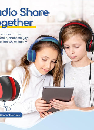 EarFun Kids Headphones Wired with Microphone, 85/94dB Volume Limit Headphones for Kids, Portable Wired Headphone with Shareport, Stereo Sound Foldable Headset for School/Tablet/iPad/Kindle, Black Red