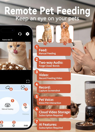 Automatic Cat Feeder with 2K Camera: 5G WiFi Automatic Dog Feeder | Night Vision, Two-way Audio, Voice Recording, 304 Stainless Steel Bowl, 6L Large Capacity, Detachable for Easy Clean -24 Cups