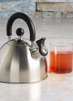 Primula Stewart Whistling Tea Kettle for Stovetop, Stainless Steel Stove Top Kettle with Fast Boil Whistling Spout and Cool Touch Folding Handle, 1.5-Quart, Brushed Silver with Black Handle