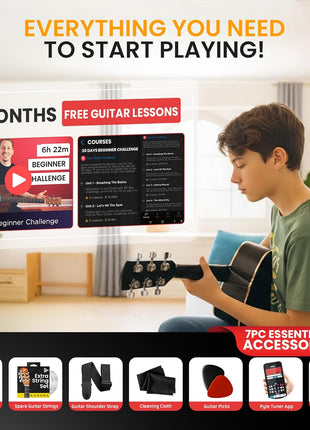 Pyle Beginner Acoustic Guitar Kit, 1/4 Junior Size All Wood Build Nylon Stringed Instrument with Capo, Strap, Extra String Set, Gig Bag, Guitars for Beginners Adults Youth, 30" Natural Gloss