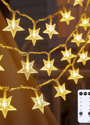 Star String Lights Plug in - 33 ft 100 LED Star Fairy String Lights with Remote and Timer, Waterproof for Bedroom Porch Wedding Party Patio Garden Tent Indoor Outdoor Décor, Warm White