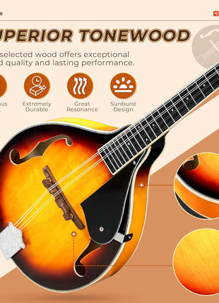 Vangoa Mandolin Musical Instrument A Style, Acoustic Mandolin Instrument Kit Italian 8 String for Professional Beginners Adults Teens Youth Kids, Sunburst, Glossy