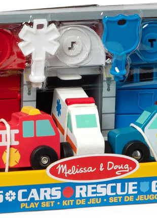Melissa & Doug Toy Keys and Cars Wooden Rescue Vehicles and Garage (7 pcs) Toddler Pull Back Toys, Toy Garage for Kids Ages 3+