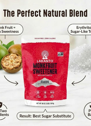 Lakanto Monk Fruit Sweetener with Erythritol, White Sugar Substitute From Monk Fruit Extract, Classic White Sugar Replacement for Baking, Coffee & Tea, Gluten Free, Low Carb, Non GMO, Keto (3 lb)