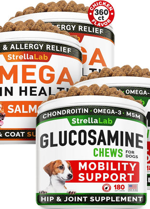 Omega 3 + Glucosamine Dogs Bundle - Allergy & Itch Relief Skin&Coat Supplement - Omega 3 & Pumpkin + Chondroitin, MSM - Dry Itchy Skin, Hot Spots Treatment + Hip & Joint Care - 720 Chews - Made in USA