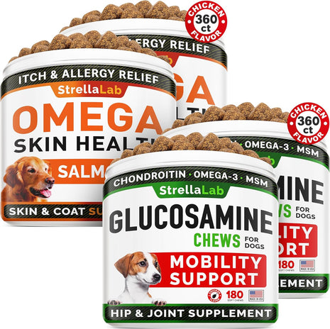 Omega 3 + Glucosamine Dogs Bundle - Allergy & Itch Relief Skin&Coat Supplement - Omega 3 & Pumpkin + Chondroitin, MSM - Dry Itchy Skin, Hot Spots Treatment + Hip & Joint Care - 720 Chews - Made in USA