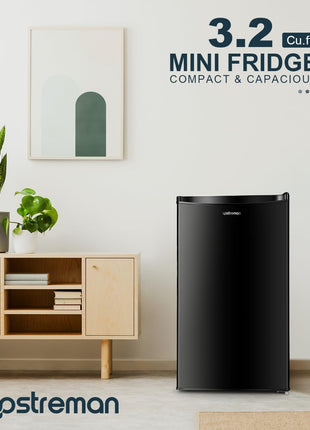 Upstreman 3.2 Cu.Ft Mini Fridge with Freezer, Quiet Efficient Small Fridge, Compact Refrigerator with Adjustable Thermostat, for Dorm, Bedroom, Office, Black-BR321