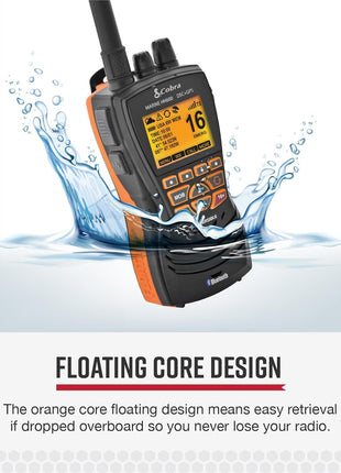 Cobra MR HH600FLTBTGPS Handheld Floating VHF Marine Radio – 6 Watt, GPS, Bluetooth, Submersible, Noise Cancelling Mic, Backlit LCD Display, Memory Scan, Grey
