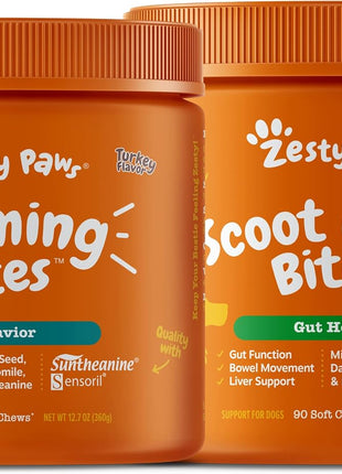 Zesty Paws Calming Soft Chews for Dogs - Melatonin, Ashwagandha, L-Theanine & L-Tryptophan + Scoot Away Soft Chews for Dogs - with Bromelain