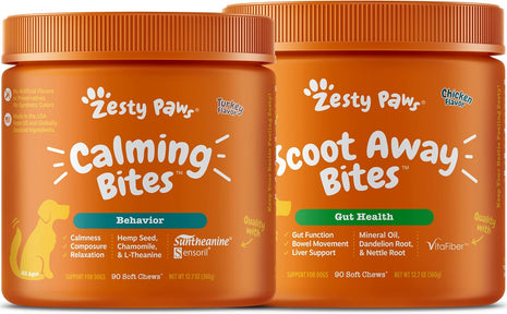 Zesty Paws Calming Soft Chews for Dogs - Melatonin, Ashwagandha, L-Theanine & L-Tryptophan + Scoot Away Soft Chews for Dogs - with Bromelain