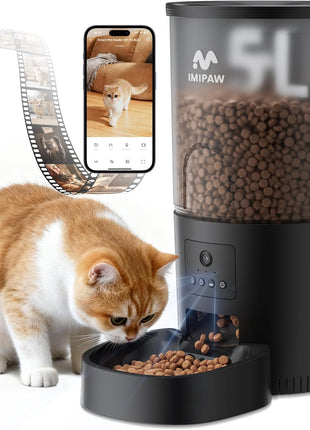 IMIPAW 5L Automatic Cat Feeder with Camera - AI Pet Recognition & Recording, Night Vision, 5G WiFi APP Remote Control, Two-Way Audio & Desiccant Bag, Timed Programmable Food Dispenser for Small Pets