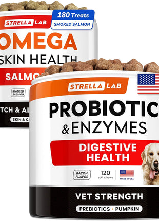 Omega 3 + Vet Strength Dog Probiotics Bundle - Allergy &Itch Relief Skin & Coat Supplement - 1 Billion CFU + Digestive Enzymes - Diarrhea, Gas, Constipation, Upset Stomach Relief - 300ct - Made in USA