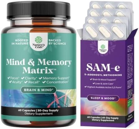 Bundle of Advanced Brain Supplement for Memory and Focus - Nootropics Brain Support and Sam-E 200mg Mood Support Supplement - S-Adenosyl Methionine Sam-E Supplement for Natural Relaxing Mood Boost