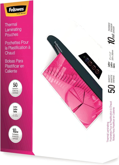 Fellowes® Thermal Laminating Pouches, Glossy, 9 inch x 11.5 inch, 10 Mil, Clear, Pack of 50