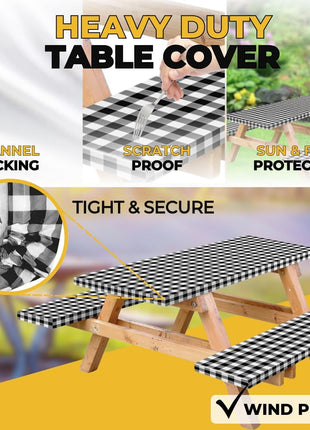 RNOONY Vinyl Fitted Picnic Table Cover with Bench Covers and Bag, 6ft Outdoor Waterproof Windproof Tablecloth with Elastic Edges. Camping RV Gear Campers Must Have 72x30 Inches 4 Pcs Set (Black)