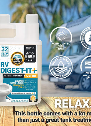 Unique RV Digest-It Ultra RV Toilet Treatment, 32 Uses, Super Concentrated - Eliminates Smells and Liquifies Waste, Easy-Measure Extra-Strength Preventive Bio-Enzymatic Holding Tank Treatment (32 oz)