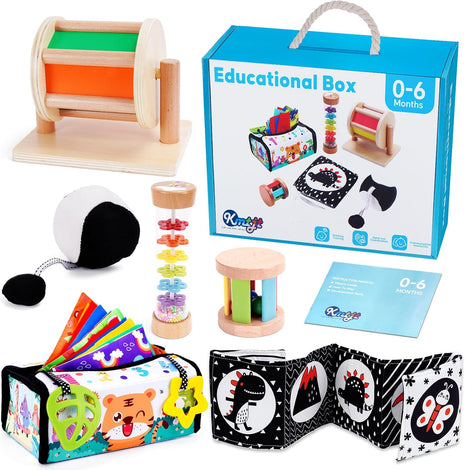 Montessori Toys for Babies 0-6 Months, Learning Educational Box Wooden Toys | Sensory Wooden Baby Infant Newborn Toys 0-6 Months | 1st First Birthday Gifts for 0 6 12 18 Months Boys Girls