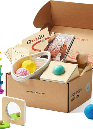 Tiny Land Montessori Toy Set for Babies 7-9 Months Senser Play Kit - 5-in-1 Wooden Learning Toys with Object Permanence Box, Sensory Ball, Stacking Cups and Mirror Puzzle,Body Board Book