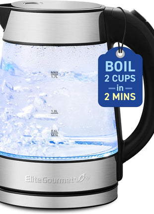 Elite Gourmet EKT-602 BPA-Free Electric Glass Kettle, Cordless 360° Base | Stylish Blue LED Interior, Auto Shut-Off Function, Quickly Boil Water for Tea & More