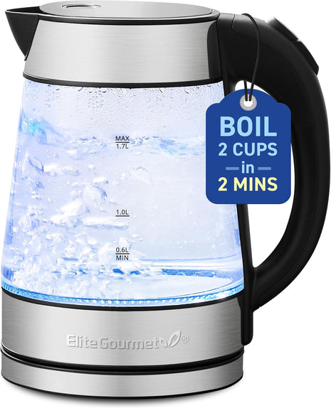 Elite Gourmet EKT-602 BPA-Free Electric Glass Kettle, Cordless 360° Base | Stylish Blue LED Interior, Auto Shut-Off Function, Quickly Boil Water for Tea & More