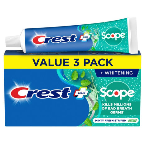 Crest + Scope Whitening Toothpaste - Pack of 3, 5.4 Oz Tubes - Anticavity Fluoride Toothpaste, Fresh Breath, Kills Germs - Tartar Protection, Enamel Protection - Minty Fresh Flavor