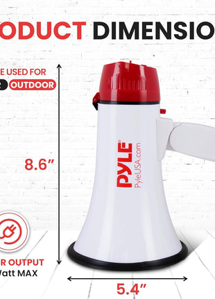 Pyle 20W Megaphone Bullhorn - 5.4'' x 8.6'' Portable Megaphone, Projection Range 1000 Sq. Yards, Voice Talking & Siren Alert, Shoulder Strap, Battery Operated, (White)