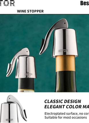 WOTOR Stainless Steel Wine Bottle Stoppers with Silicone   Reusable Wine Saver and Decorative Bottle Sealer, Leakproof, Keep Fresh, Silver, 2 Pack