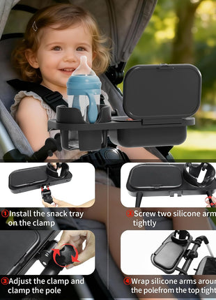 Universal Stroller Snack Tray, Easy Clean Removable Silicone Insert | for Mockingbird Nuna Bugaboo, Dual-Lock Sturdy Grip, Different Size Cups Holder, Easy to Attach, Toddler Snacking On The Go